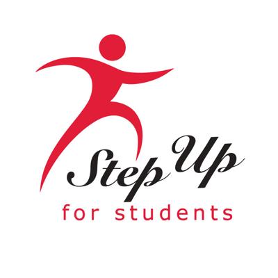 StepUp Logo for Step Up For Students featuring a red figure in motion, leaping forward. The text "Step Up" is in cursive above "for students" in a smaller, sans-serif font.