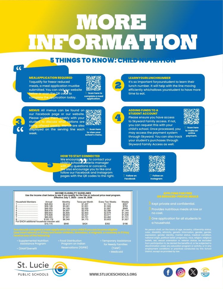 School Meal Flyer St. Lucie Public Schools provides info on child nutrition: meal applications, lunch numbers, adding funds, menus, and staying connected. Income eligibility guidelines are shown for free or reduced meals.