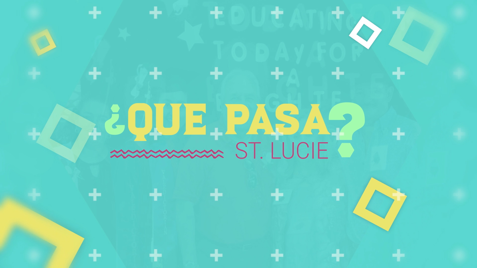 A vibrant turquoise background with white, yellow, and pink plus signs and square shapes. The words 