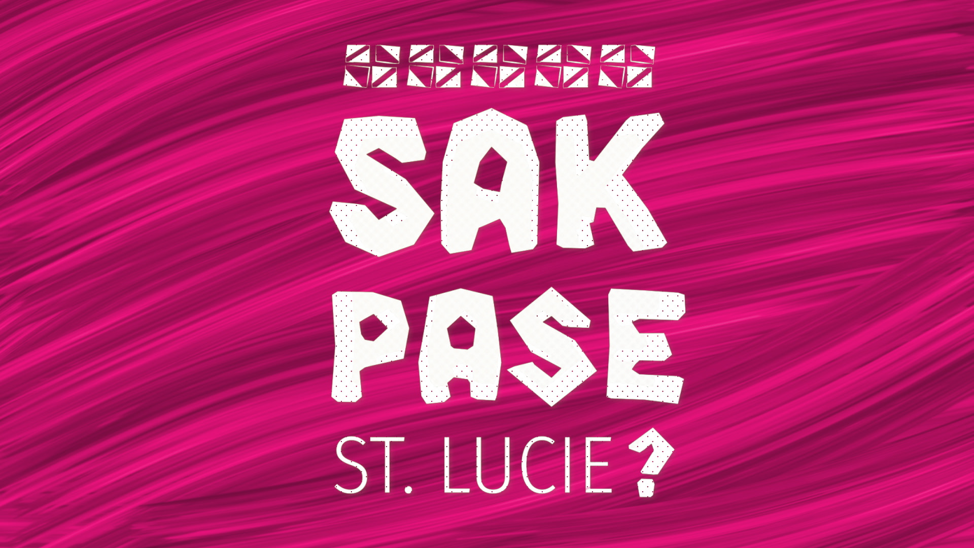 A bold pink abstract design with wavy lines features white text reading 