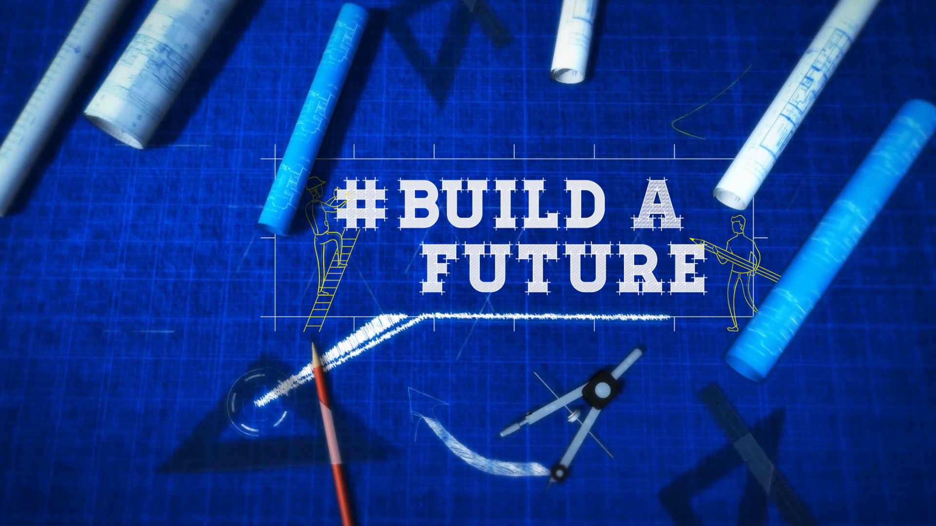 Blueprint background with rolled blueprints, drafting tools, and the text #BUILD A FUTURE, symbolizing construction and innovation.