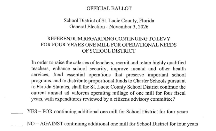 Ballot Official ballot for the School District of St. Lucie County, Florida, General Election on November 3, 2026, with a referendum on continuing to levy one mill for four fiscal years for operational needs of the school district.