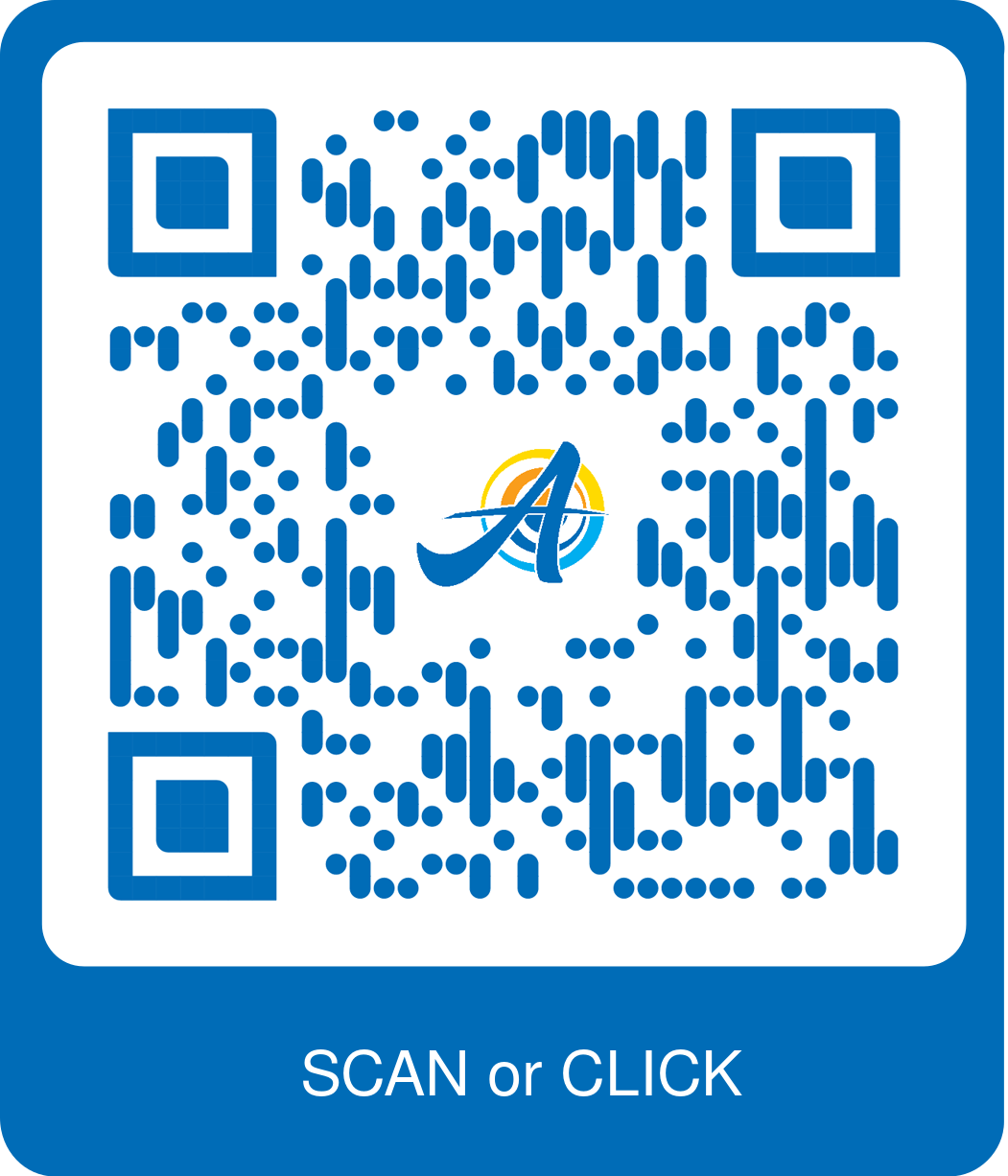 Wlx_apple QR code with a blue border and a white background, featuring a circular logo with a yellow and blue stylized airplane. Text below reads "SCAN or CLICK".