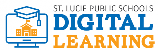 St. Lucie Public Schools Digital Learning logo featuring a computer monitor with a graduation cap and school building inside. The text reads "St. Lucie Public Schools Digital Learning".