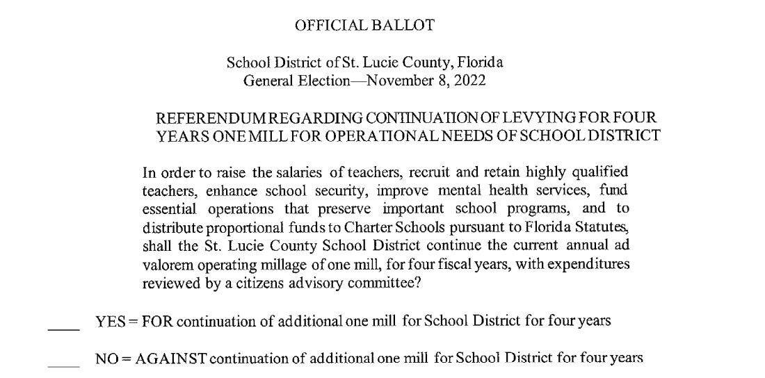 St. Lucie County, Florida ballot for November 8, 2022, regarding a referendum to continue a one-mill property tax for four years to fund school district operational needs, including teacher salaries, security, and mental health services.