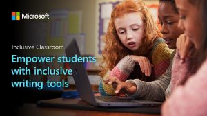 Three diverse students collaborate on a laptop in a classroom, using Microsoft's inclusive writing tools. The image emphasizes empowering students in an inclusive classroom setting.