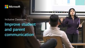 A teacher presents "Inclusive Classroom" tools, including Microsoft Power BI, to improve student and parent communication. Attendees listen attentively in a modern classroom setting.