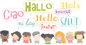 Diverse group of children standing under speech bubbles that say "Hello" in different languages, including "Hola," "Bonjour," and "Ciao." A colorful and inclusive image representing global communication.