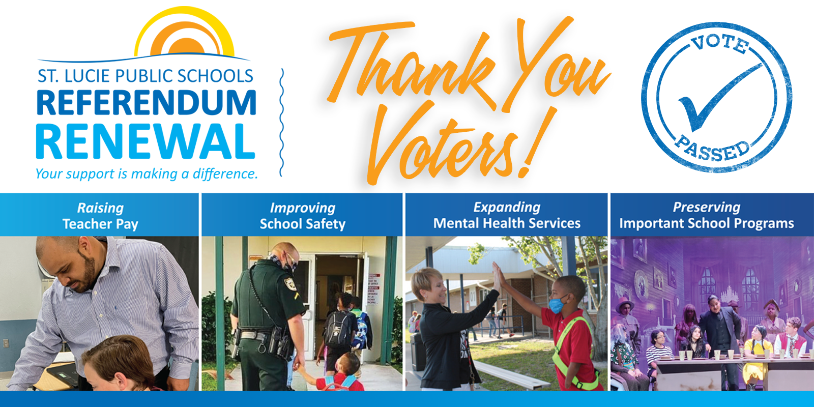 St. Lucie Public Schools Referendum Renewal banner thanking voters.