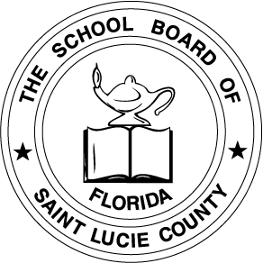 Seal of The School Board of Saint Lucie County, Florida. Features a stylized oil lamp above an open book, flanked by stars.