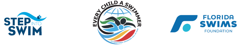 Logos for organizations promoting swimming: Step Into Swim featuring a swimmer, International Swimming Hall of Fame's "Every Child a Swimmer" globe design, and the Florida Swims Foundation logo.
