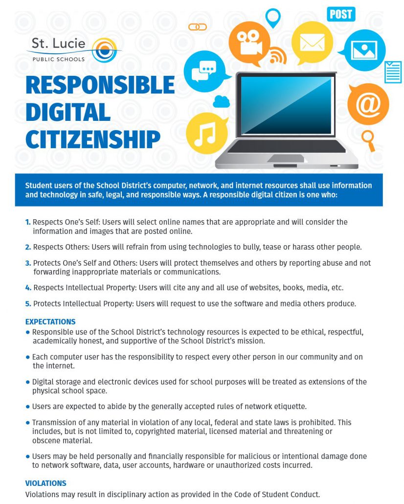 St. Lucie Public Schools' "Responsible Digital Citizenship" poster. It features a laptop surrounded by digital icons representing online communication, reinforcing the importance of safe, legal, and responsible online behavior for students.