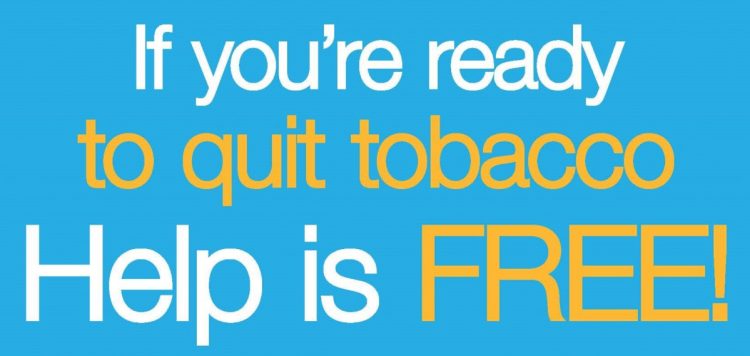 Blue background with the message "If you're ready to quit tobacco Help is FREE!" in white and yellow text, promoting free resources for quitting tobacco use.