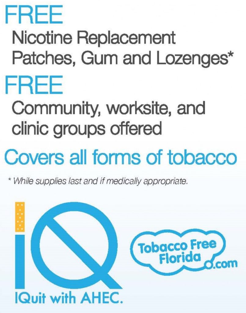 Free nicotine replacement patches, gum, and lozenges are offered to help quit tobacco. Community, worksite, and clinic groups are also available. The Tobacco Free Florida logo is displayed.