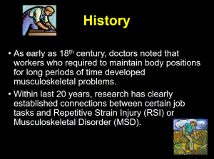 Ergo History of musculoskeletal problems: Image shows early doctors noting workers' body positions led to issues, and recent research links job tasks to Repetitive Strain Injury (RSI) or Musculoskeletal Disorder (MSD). Focus on health and wellness.