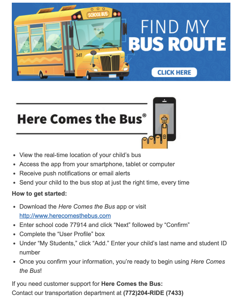Here Comes The Bus App School Transportation Here Comes the Bus app promo: track your child's bus with real-time location and notifications. Click here!
