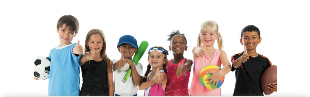 Screenshot 2024 08 20 At 10.22.04 PM Kids smiling with sports equipment like a soccer ball, baseball bat, and football, promoting Parks & Recreation activities.