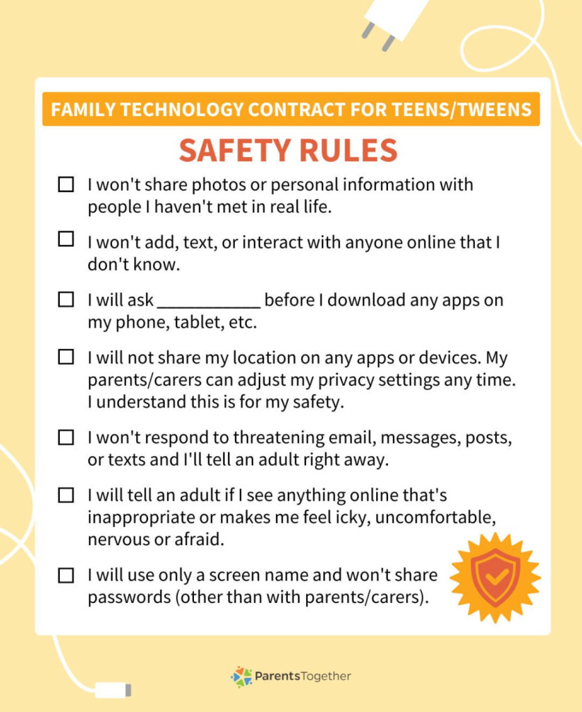 Family Technology Contract Teens Safety Rules Family technology contract for teens/tweens with safety rules checklist.