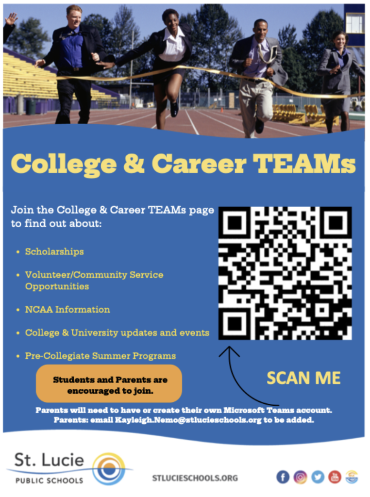 College & Career TEAMS flyer promoting scholarships, volunteer opportunities, NCAA info, college updates, and summer programs.