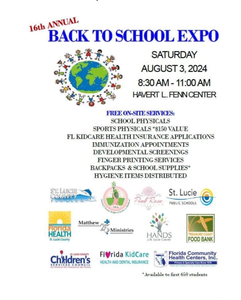 Back to School Expo flyer, August 3, 2024, free services listed.