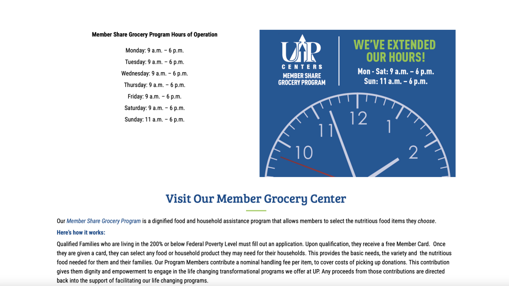 UP Centers Member Share Grocery Program hours: Mon-Sat 9am-6pm, Sun 11am-6pm.