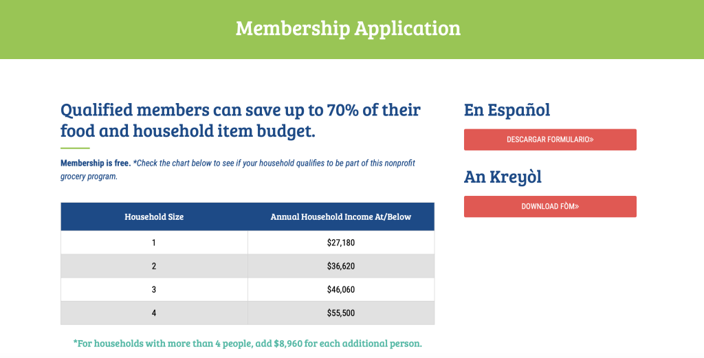 Membership application form showing income requirements and links to download forms in Spanish and Creole.