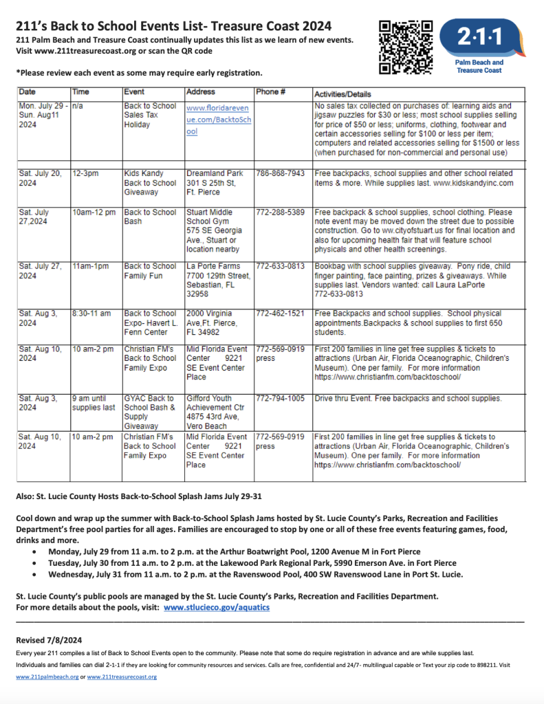 211 Treasure Coast's back-to-school events list for 2024, including dates, times, addresses, and activities.