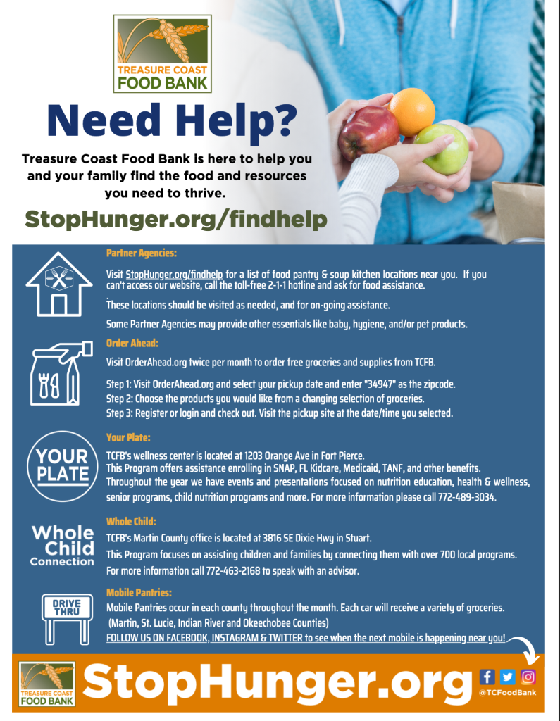 Treasure Coast Food Bank resources: food pantries, order ahead, wellness center, and mobile pantries.